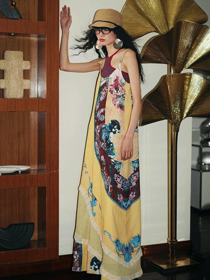 badtaste Vintage Western Boho Print Patchwork Lace Women's Slip Maxi Dresses