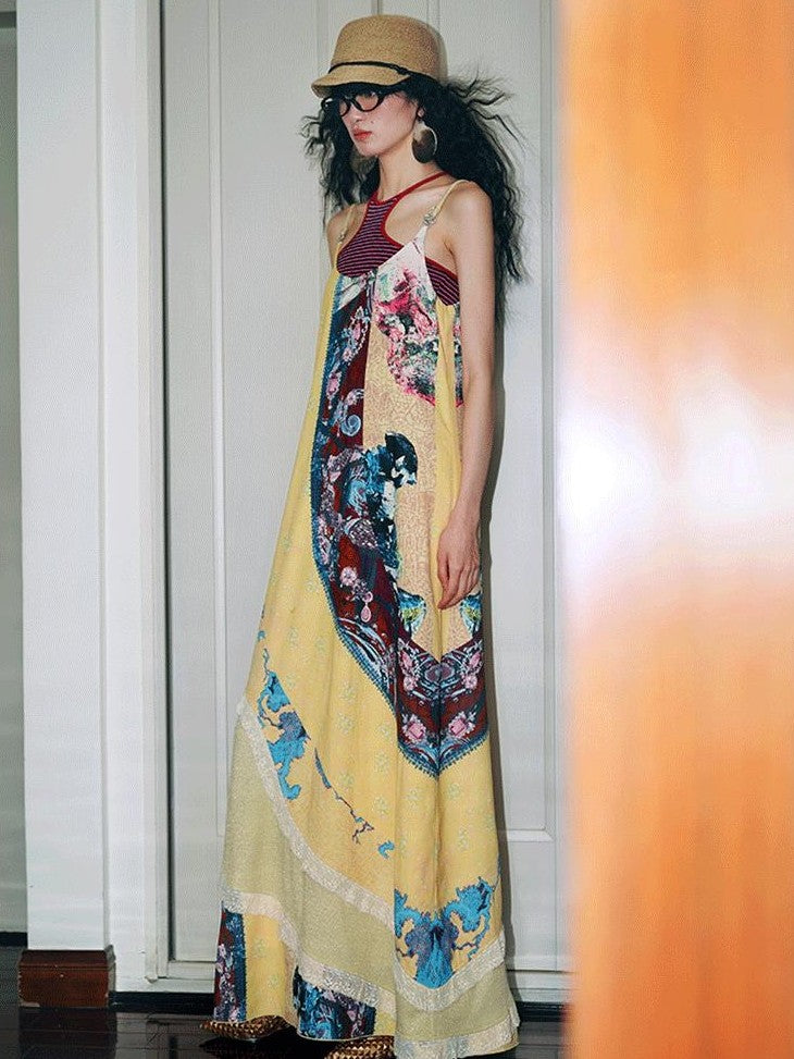 badtaste Vintage Western Boho Print Patchwork Lace Women's Slip Maxi Dresses