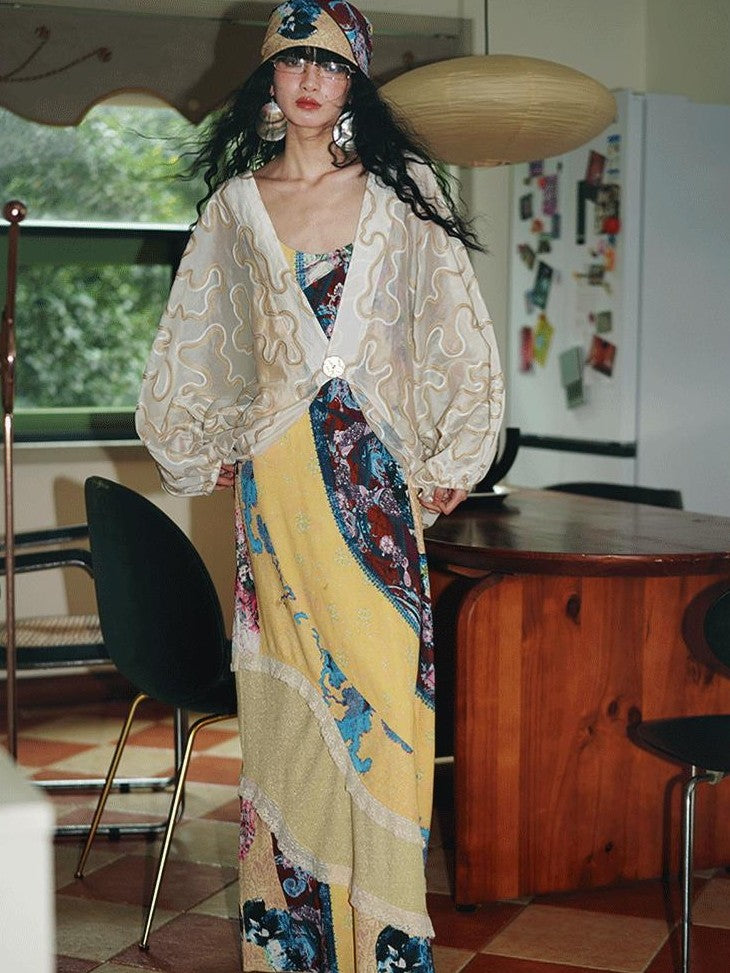 badtaste Vintage Western Boho Print Patchwork Lace Women's Slip Maxi Dresses