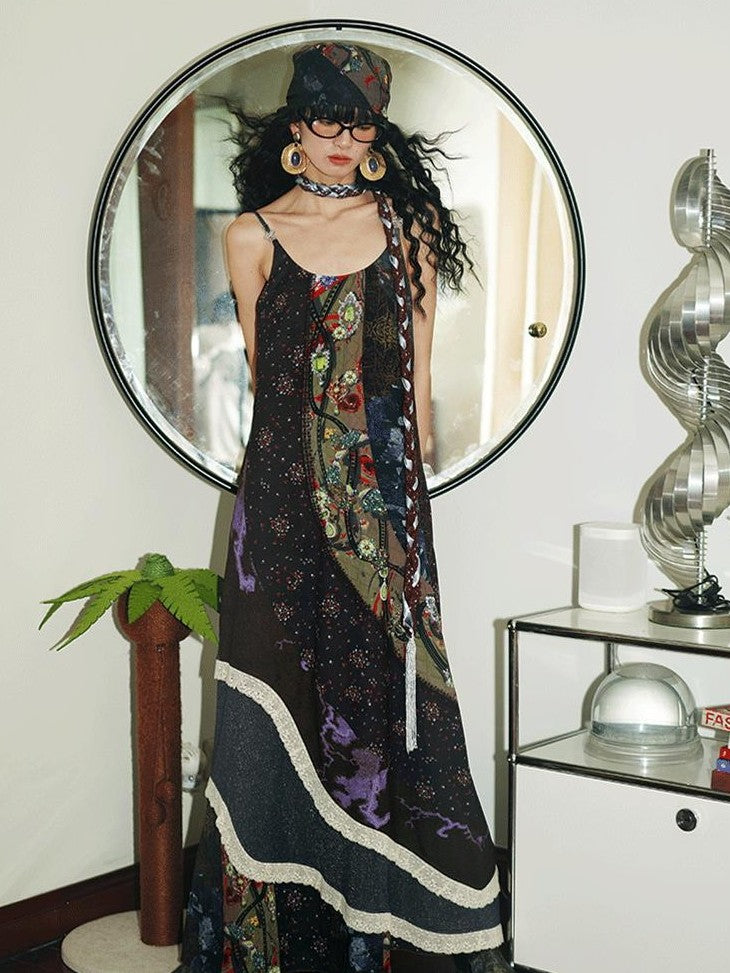 badtaste Vintage Western Boho Print Patchwork Lace Women's Slip Maxi Dresses