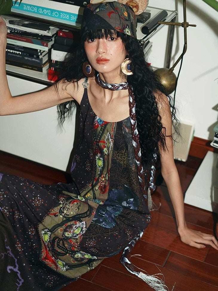 badtaste Vintage Western Boho Print Patchwork Lace Women's Slip Maxi Dresses
