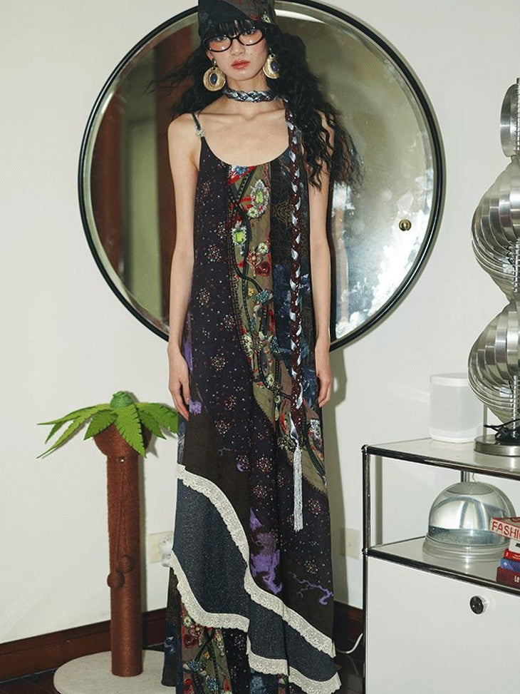 badtaste Vintage Western Boho Print Patchwork Lace Women's Slip Maxi Dresses