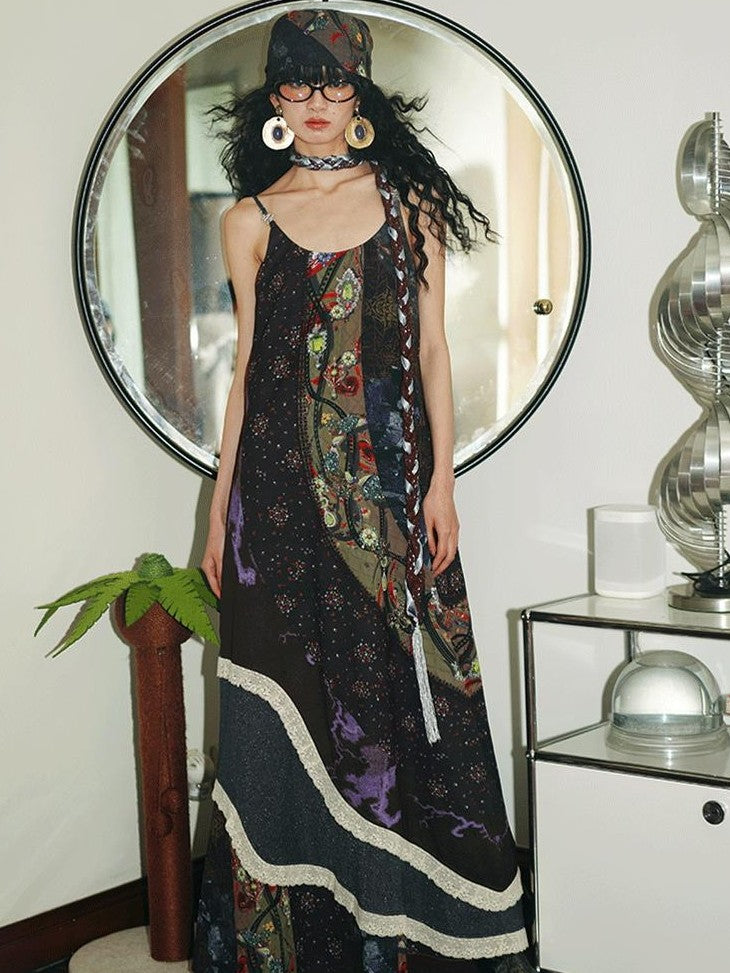 badtaste Vintage Western Boho Print Patchwork Lace Women's Slip Maxi Dresses