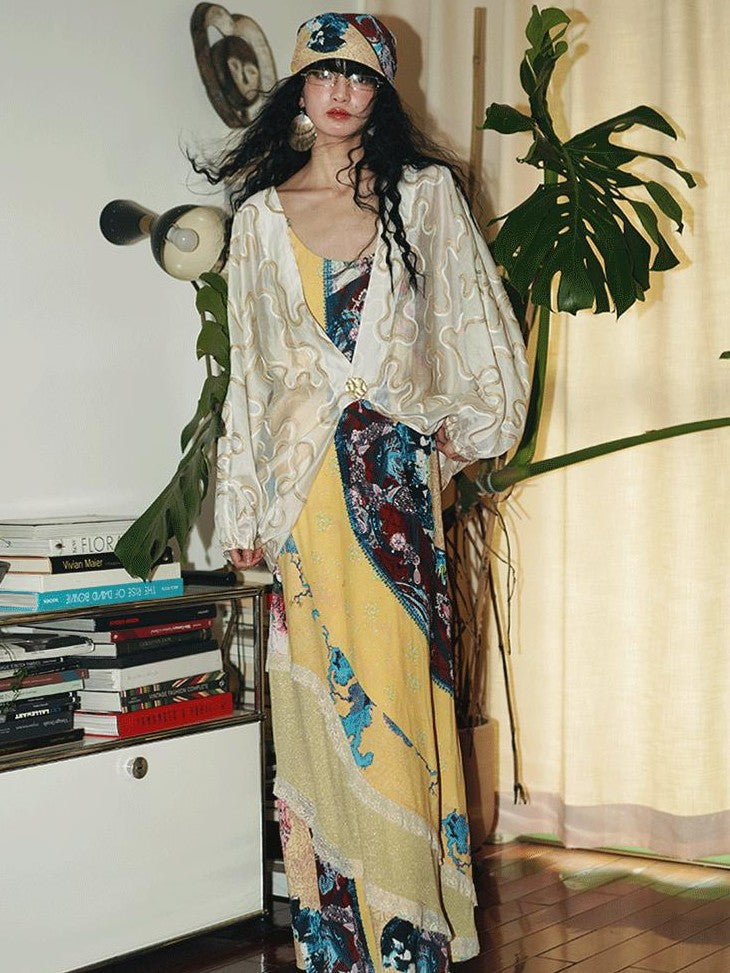 badtaste Vintage Western Boho Print Patchwork Lace Women's Slip Maxi Dresses