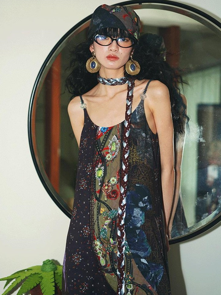 badtaste Vintage Western Boho Print Patchwork Lace Women's Slip Maxi Dresses