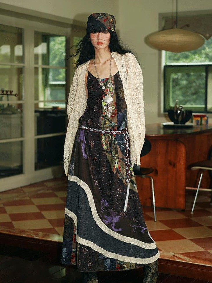 badtaste Vintage Western Boho Print Patchwork Lace Women's Slip Maxi Dresses