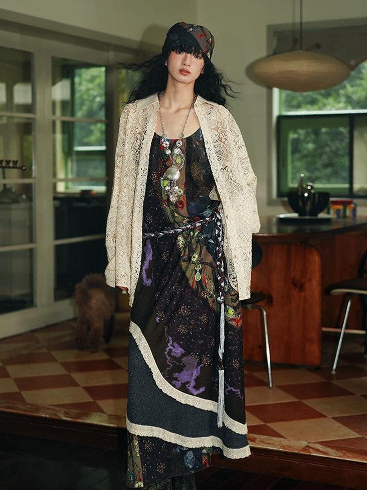 badtaste Vintage Western Boho Print Patchwork Lace Women's Slip Maxi Dresses