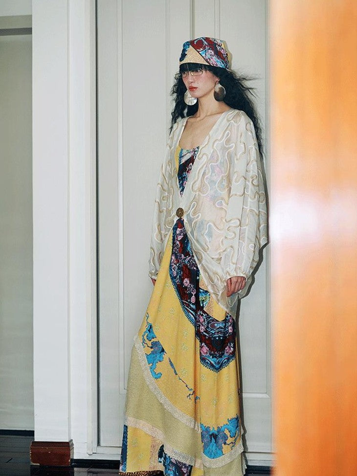 badtaste Vintage Western Boho Print Patchwork Lace Women's Slip Maxi Dresses
