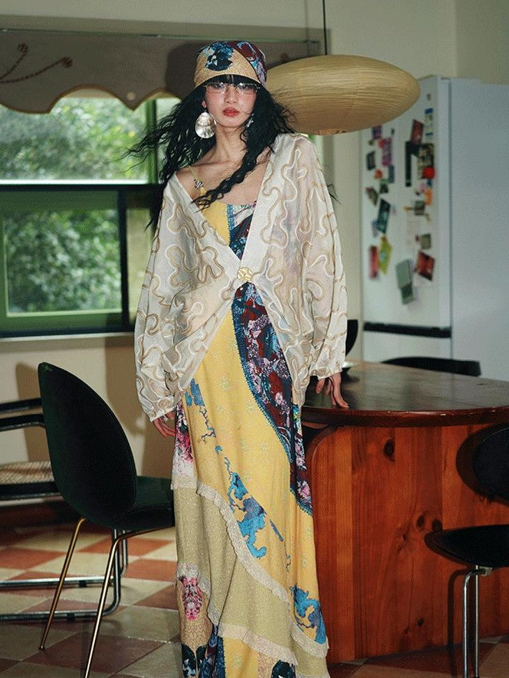 badtaste Vintage Western Boho Print Patchwork Lace Women's Slip Maxi Dresses