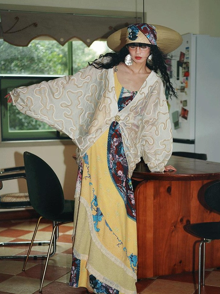 badtaste Vintage Western Boho Print Patchwork Lace Women's Slip Maxi Dresses