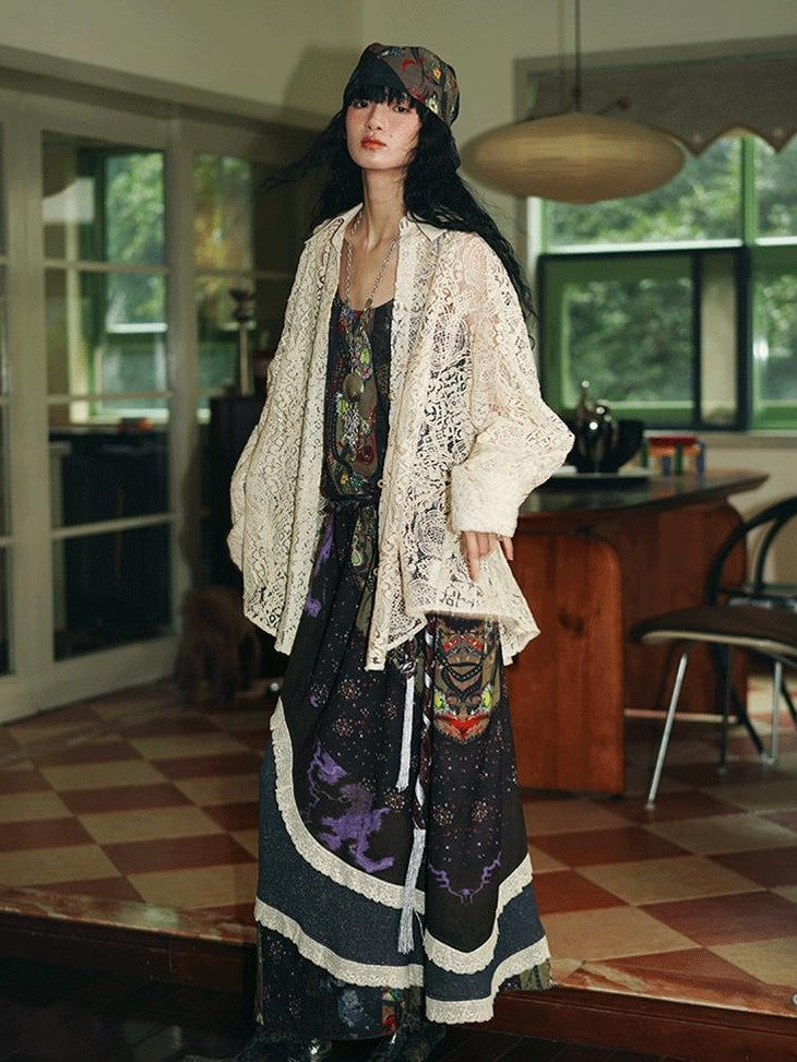 badtaste Vintage Western Boho Print Patchwork Lace Women's Slip Maxi Dresses