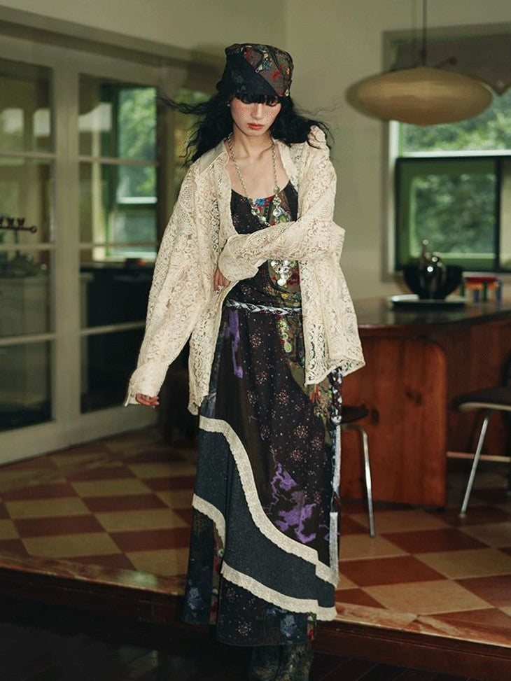 badtaste Vintage Western Boho Print Patchwork Lace Women's Slip Maxi Dresses