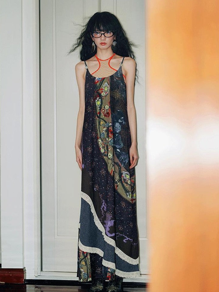 badtaste Vintage Western Boho Print Patchwork Lace Women's Slip Maxi Dresses