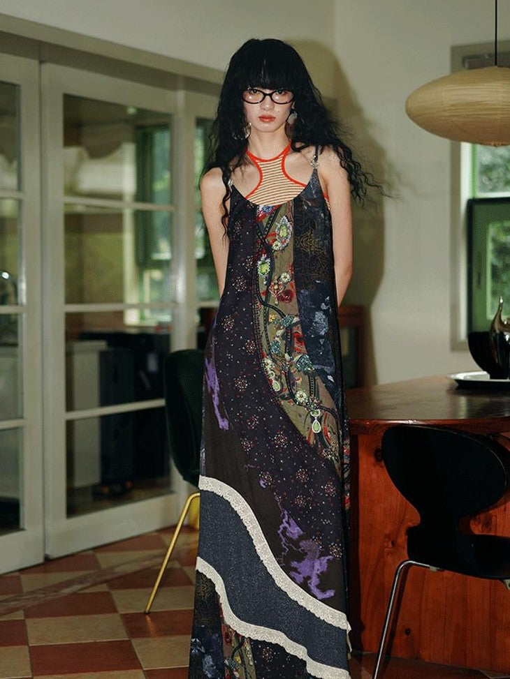 badtaste Vintage Western Boho Print Patchwork Lace Women's Slip Maxi Dresses