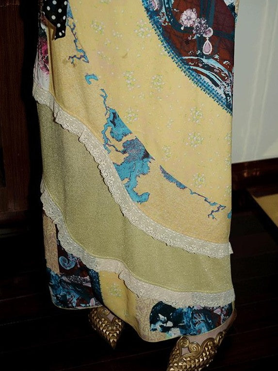badtaste Vintage Western Boho Print Patchwork Lace Women's Slip Maxi Dresses