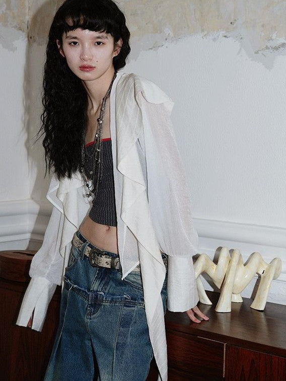 badtaste Western Asymmetric Ruffle Collar Women's Cotton Linen Oversized Shirts