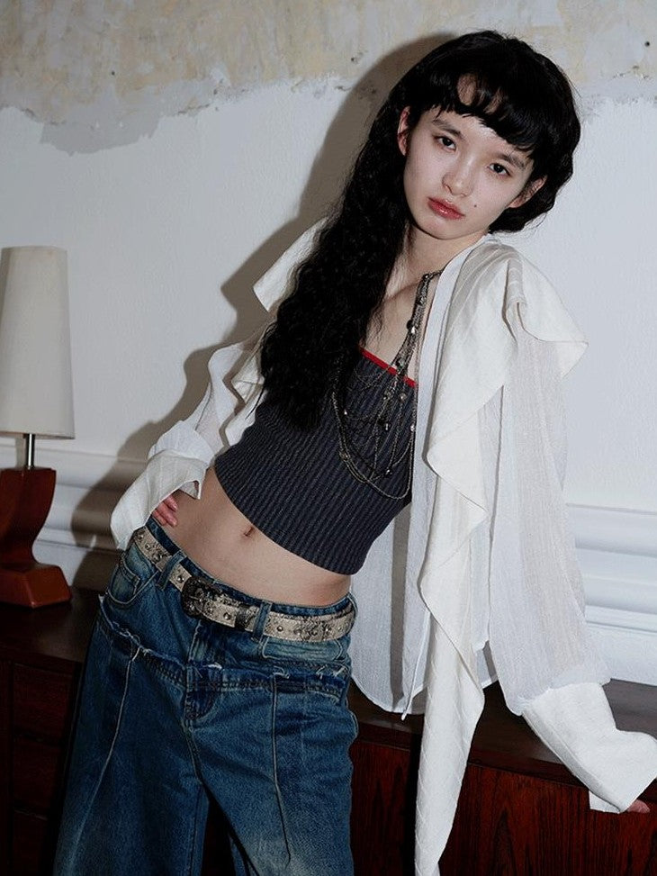 badtaste Western Asymmetric Ruffle Collar Women's Cotton Linen Oversized Shirts