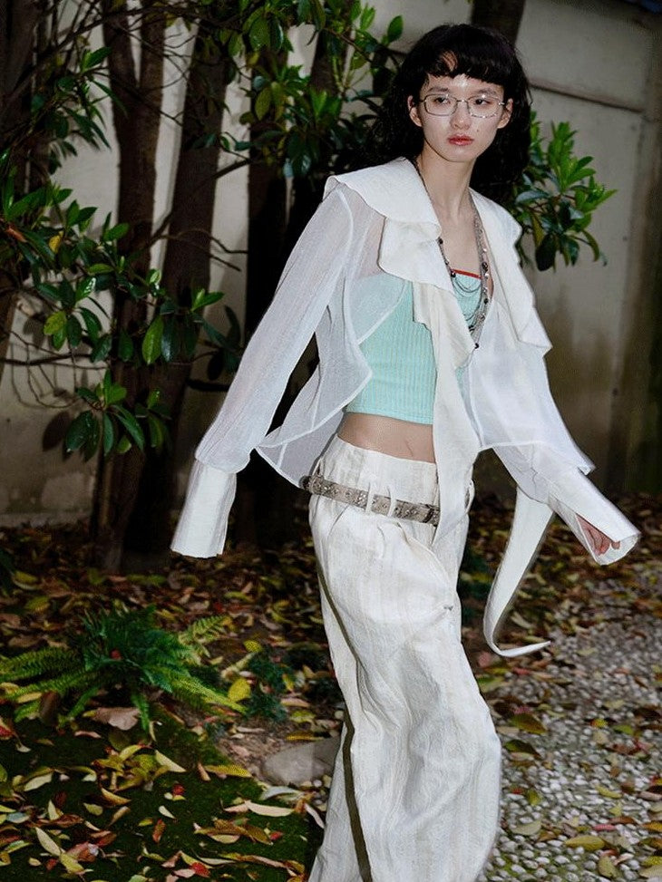 badtaste Western Asymmetric Ruffle Collar Women's Cotton Linen Oversized Shirts