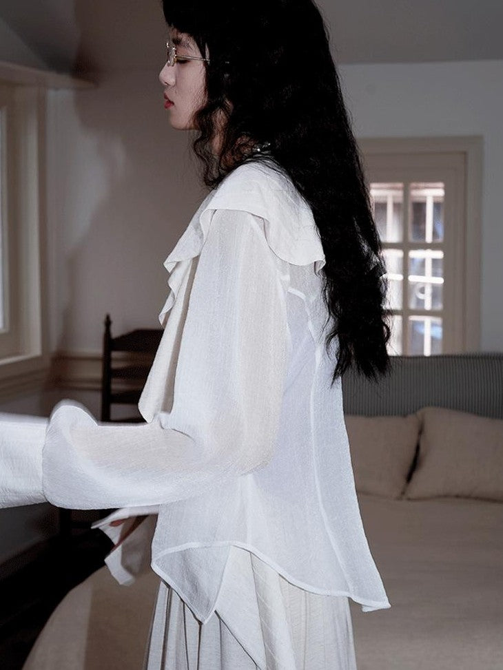 badtaste Western Asymmetric Ruffle Collar Women's Cotton Linen Oversized Shirts