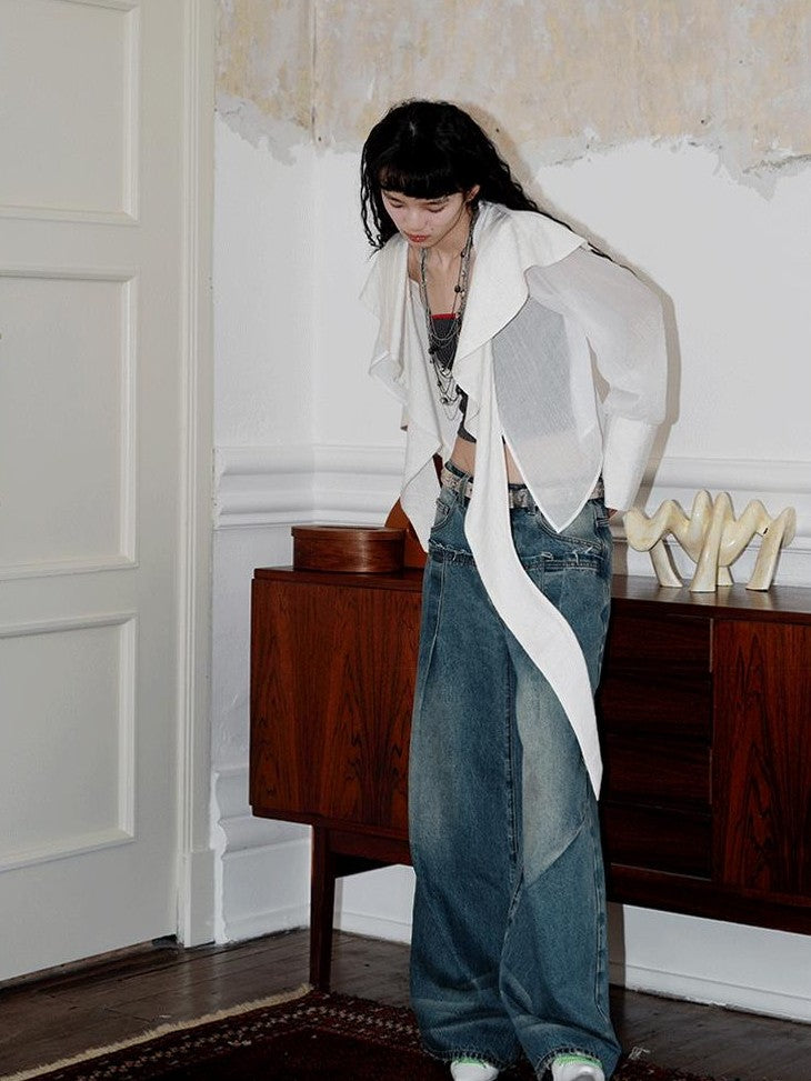 badtaste Western Asymmetric Ruffle Collar Women's Cotton Linen Oversized Shirts