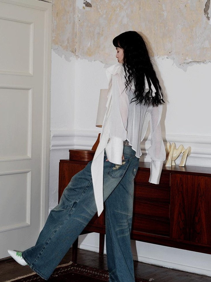 badtaste Western Asymmetric Ruffle Collar Women's Cotton Linen Oversized Shirts