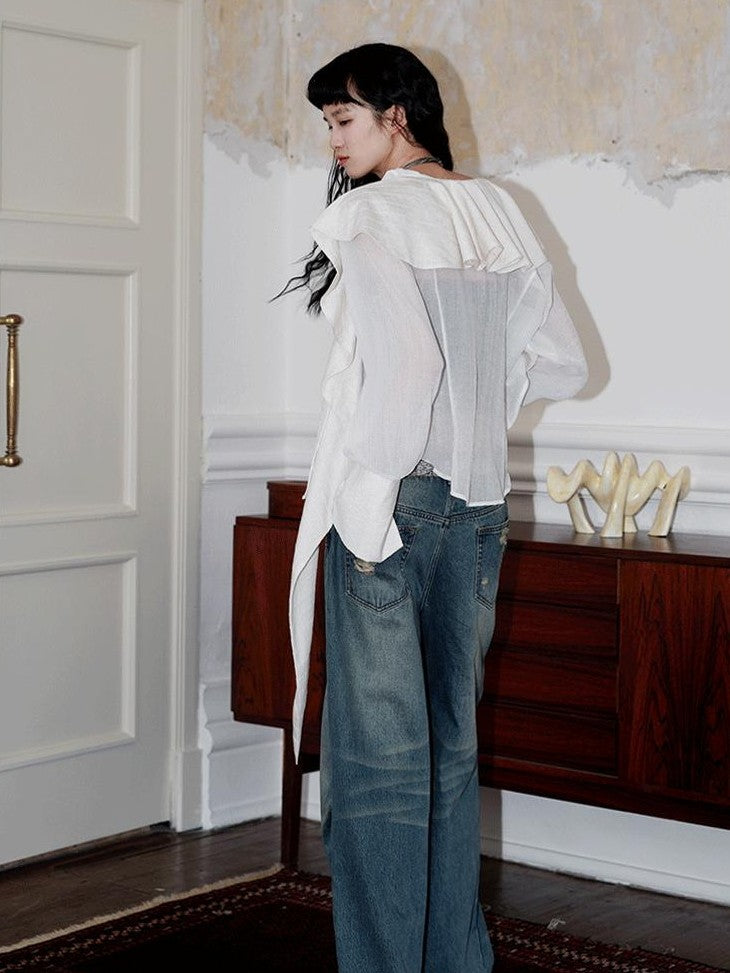 badtaste Western Asymmetric Ruffle Collar Women's Cotton Linen Oversized Shirts