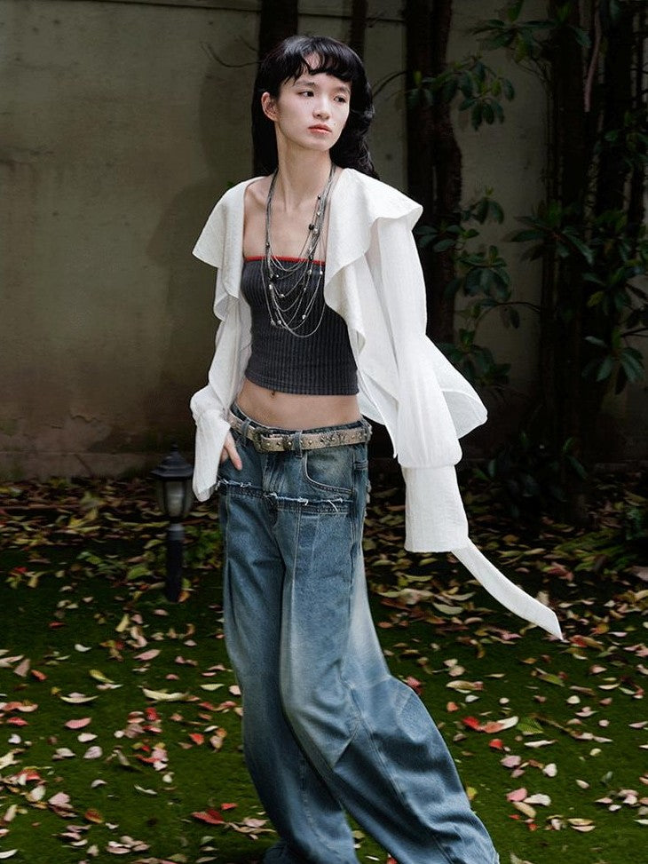 badtaste Western Asymmetric Ruffle Collar Women's Cotton Linen Oversized Shirts