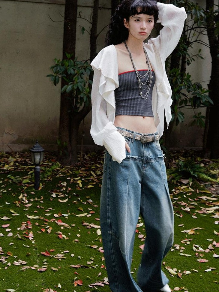 badtaste Western Asymmetric Ruffle Collar Women's Cotton Linen Oversized Shirts