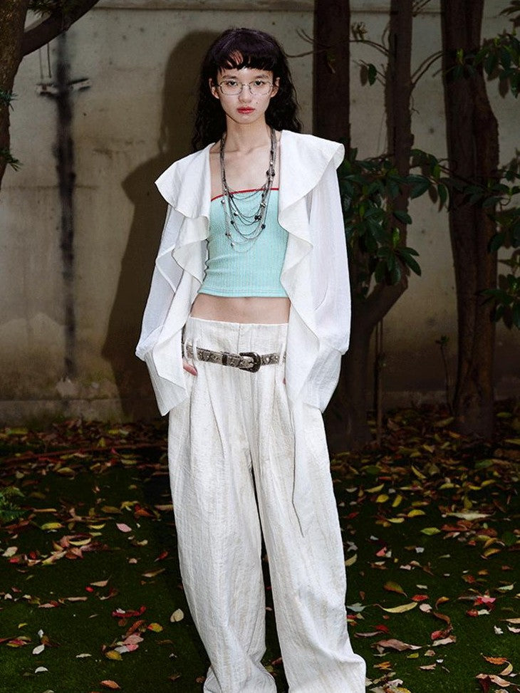 badtaste Western Asymmetric Ruffle Collar Women's Cotton Linen Oversized Shirts