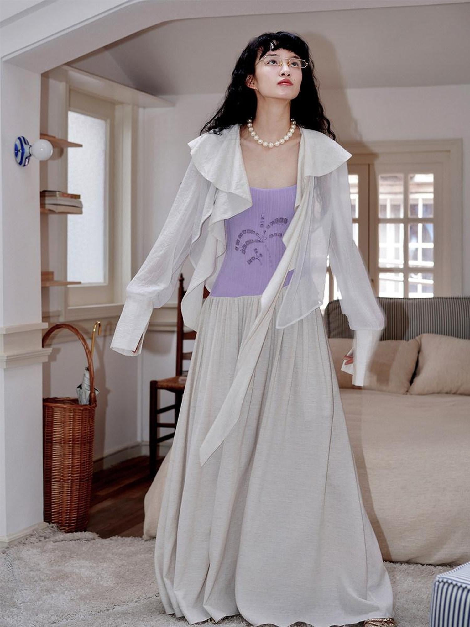 badtaste Western Asymmetric Ruffle Collar Women's Cotton Linen Oversized Shirts