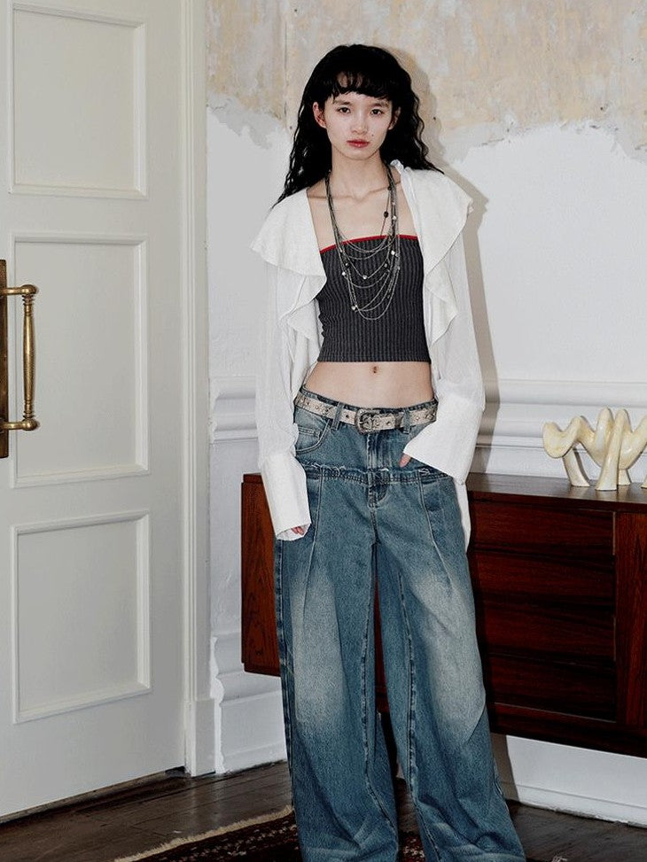 badtaste Western Asymmetric Ruffle Collar Women's Cotton Linen Oversized Shirts
