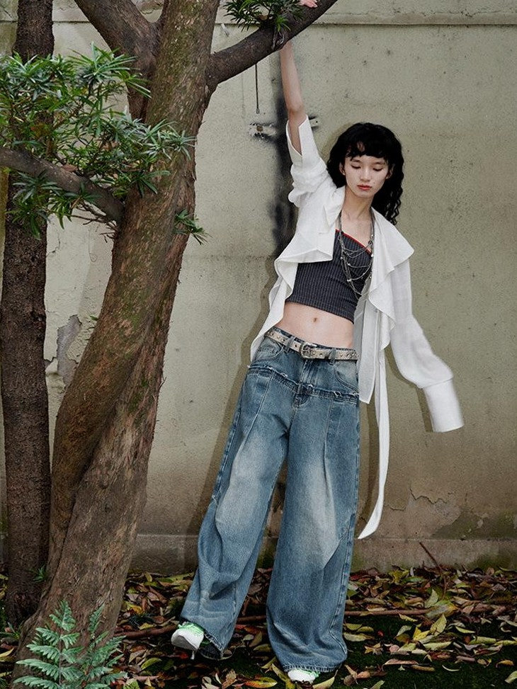 badtaste Western Asymmetric Ruffle Collar Women's Cotton Linen Oversized Shirts