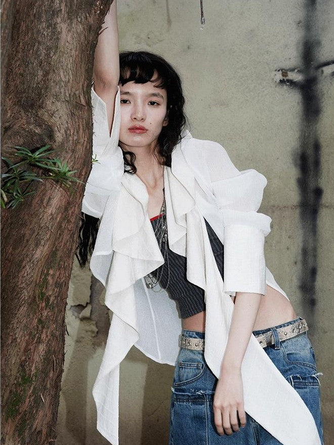 badtaste Western Asymmetric Ruffle Collar Women's Cotton Linen Oversized Shirts
