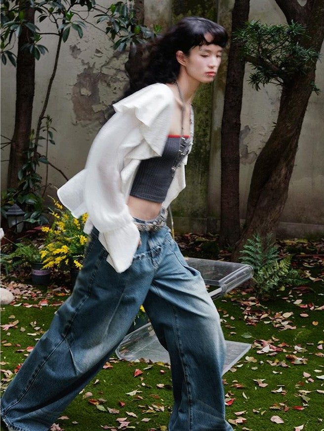 badtaste Western Asymmetric Ruffle Collar Women's Cotton Linen Oversized Shirts