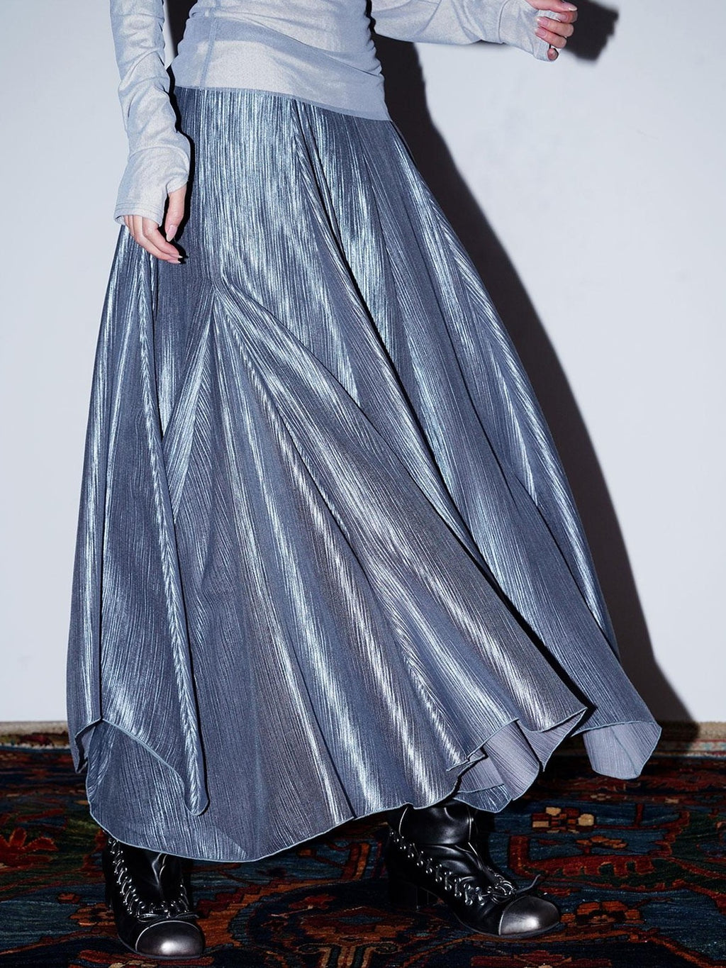 badtaste Western Asymmetrical Shimmer Pleated A Line Women's Tencel Maxi Skirts