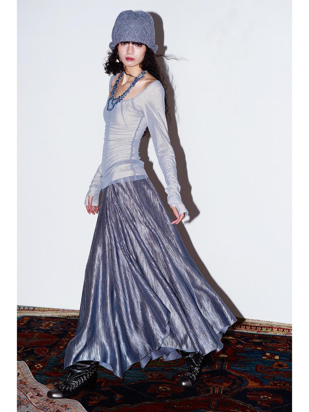 badtaste Western Asymmetrical Shimmer Pleated A Line Women's Tencel Maxi Skirts