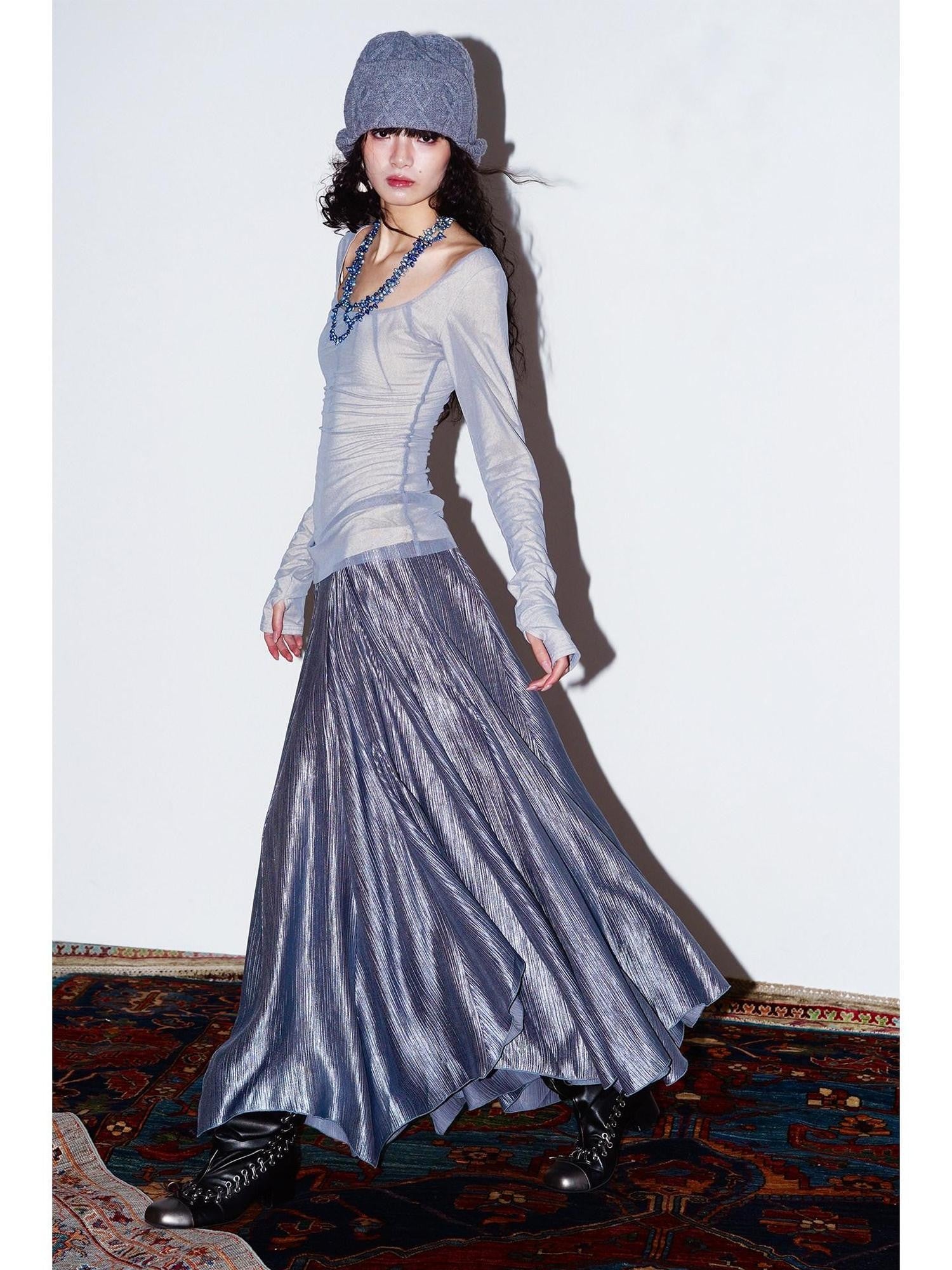 badtaste Western Asymmetrical Shimmer Pleated A Line Women's Tencel Maxi Skirts