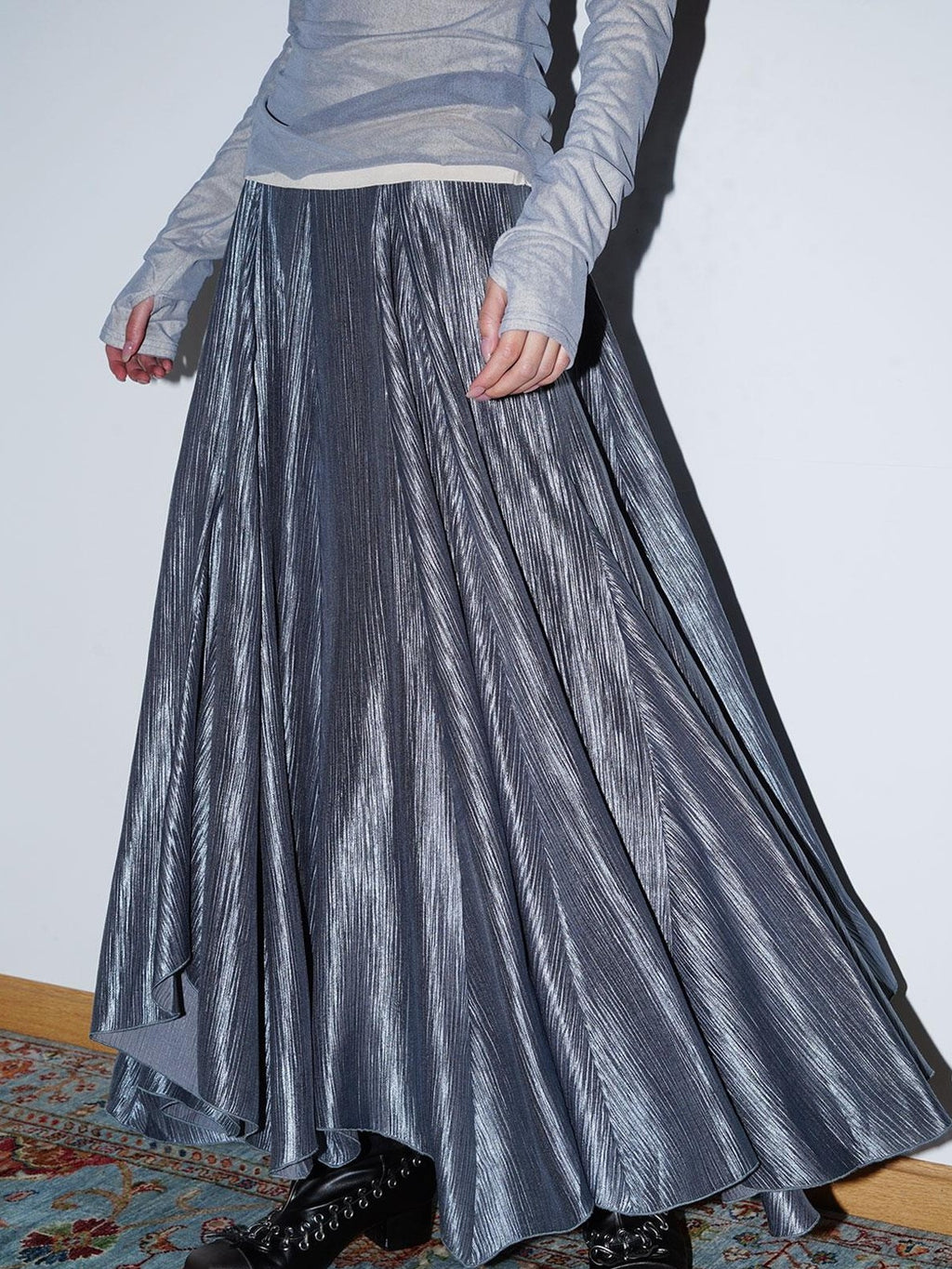 badtaste Western Asymmetrical Shimmer Pleated A Line Women's Tencel Maxi Skirts