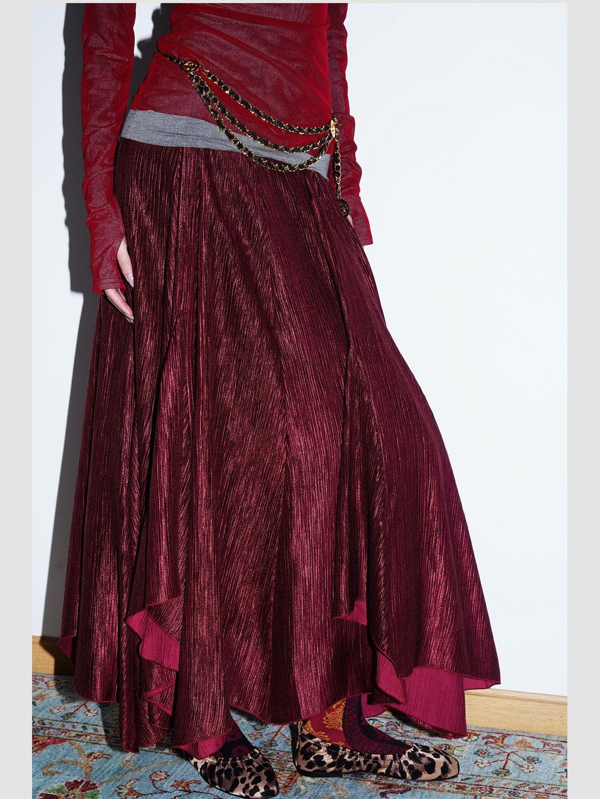badtaste Western Asymmetrical Shimmer Pleated A Line Women's Tencel Maxi Skirts