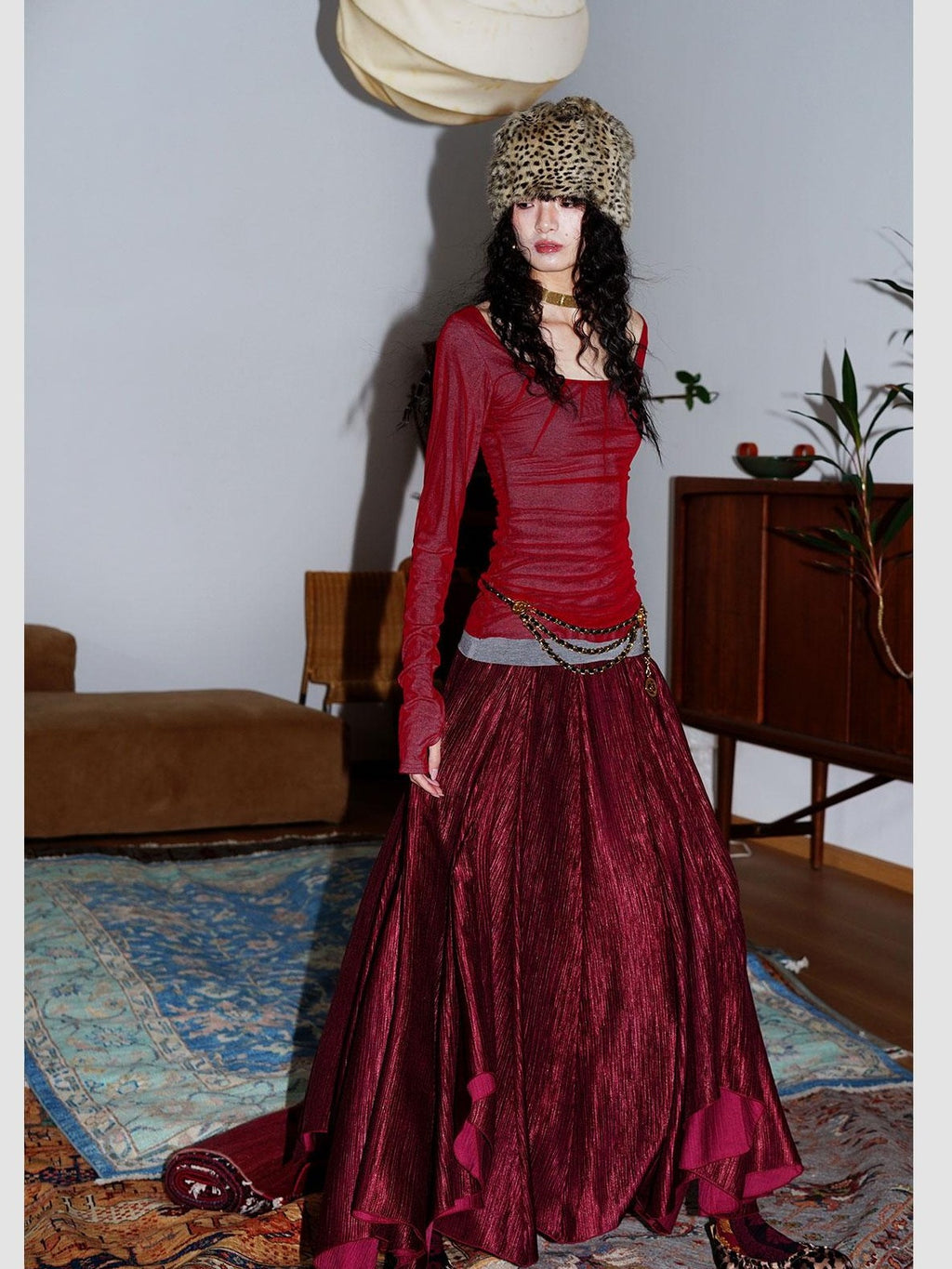 badtaste Western Asymmetrical Shimmer Pleated A Line Women's Tencel Maxi Skirts