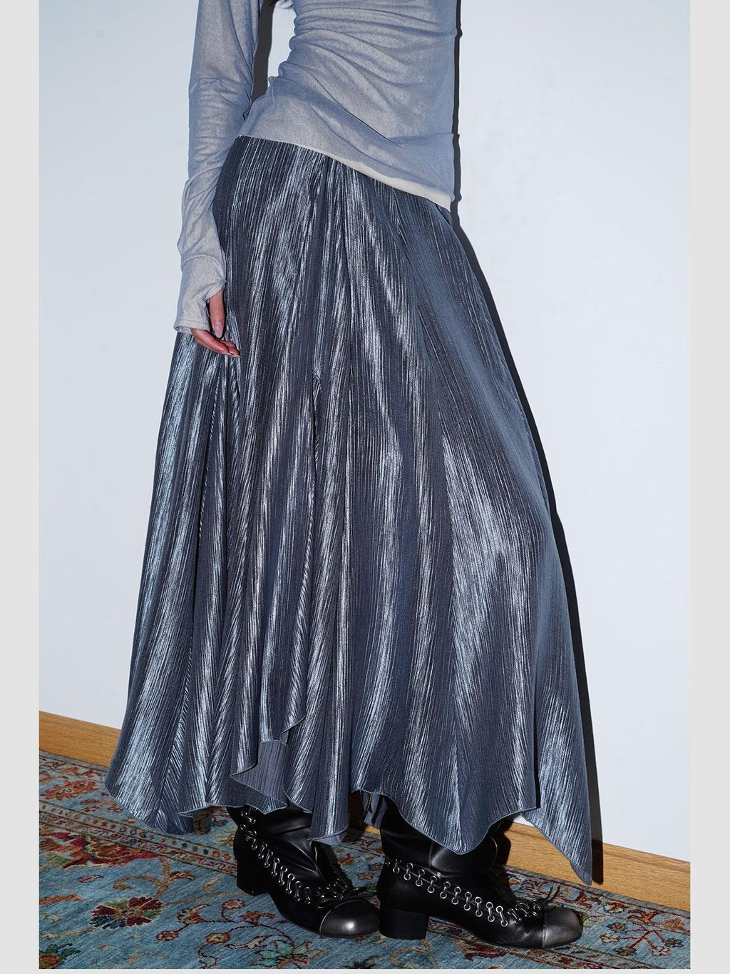 badtaste Western Asymmetrical Shimmer Pleated A Line Women's Tencel Maxi Skirts