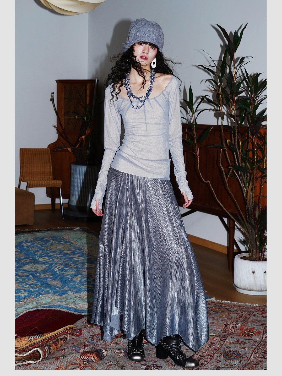 badtaste Western Asymmetrical Shimmer Pleated A Line Women's Tencel Maxi Skirts