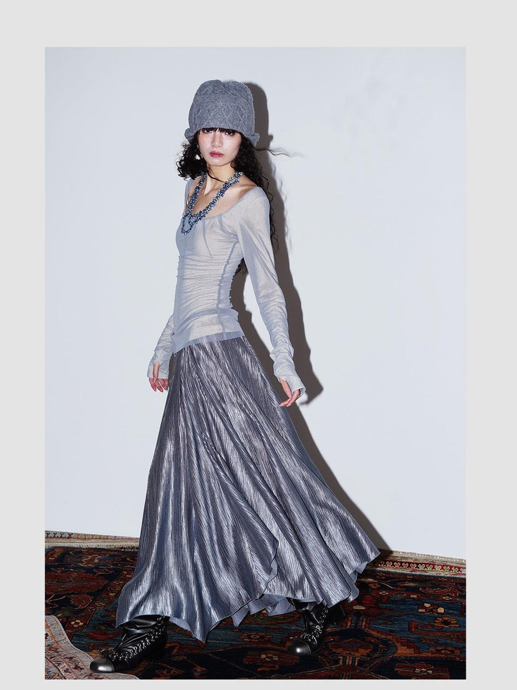 badtaste Western Asymmetrical Shimmer Pleated A Line Women's Tencel Maxi Skirts