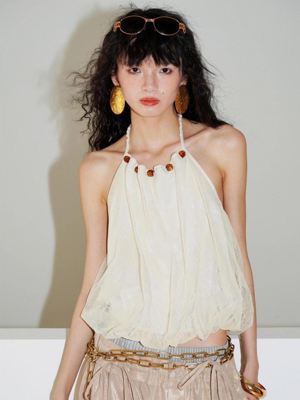 badtaste Western Beaded Colorblock Backless Bud Women's Flocked Lace Halter Tops