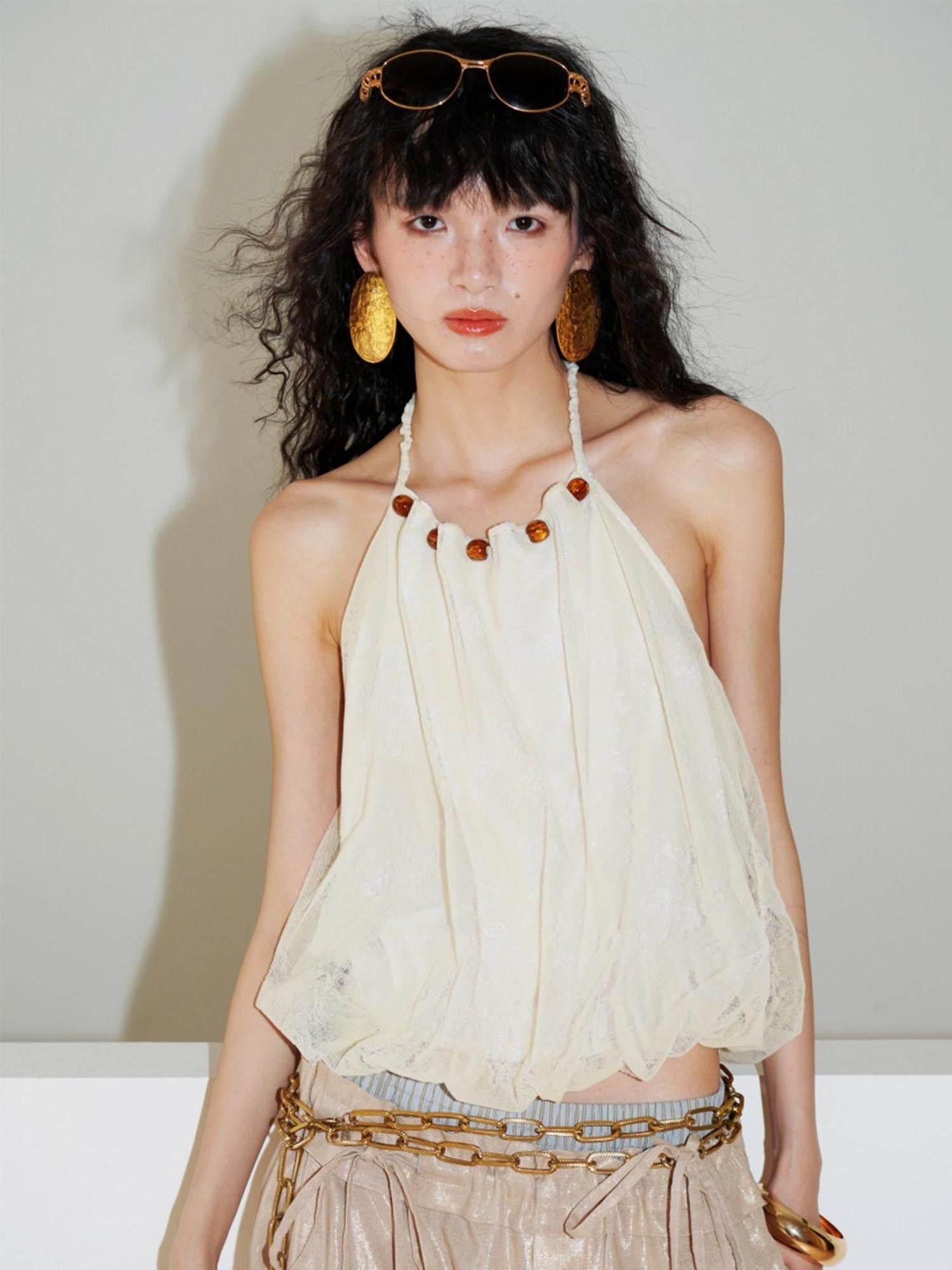 badtaste Western Beaded Colorblock Backless Bud Women's Flocked Lace Halter Tops