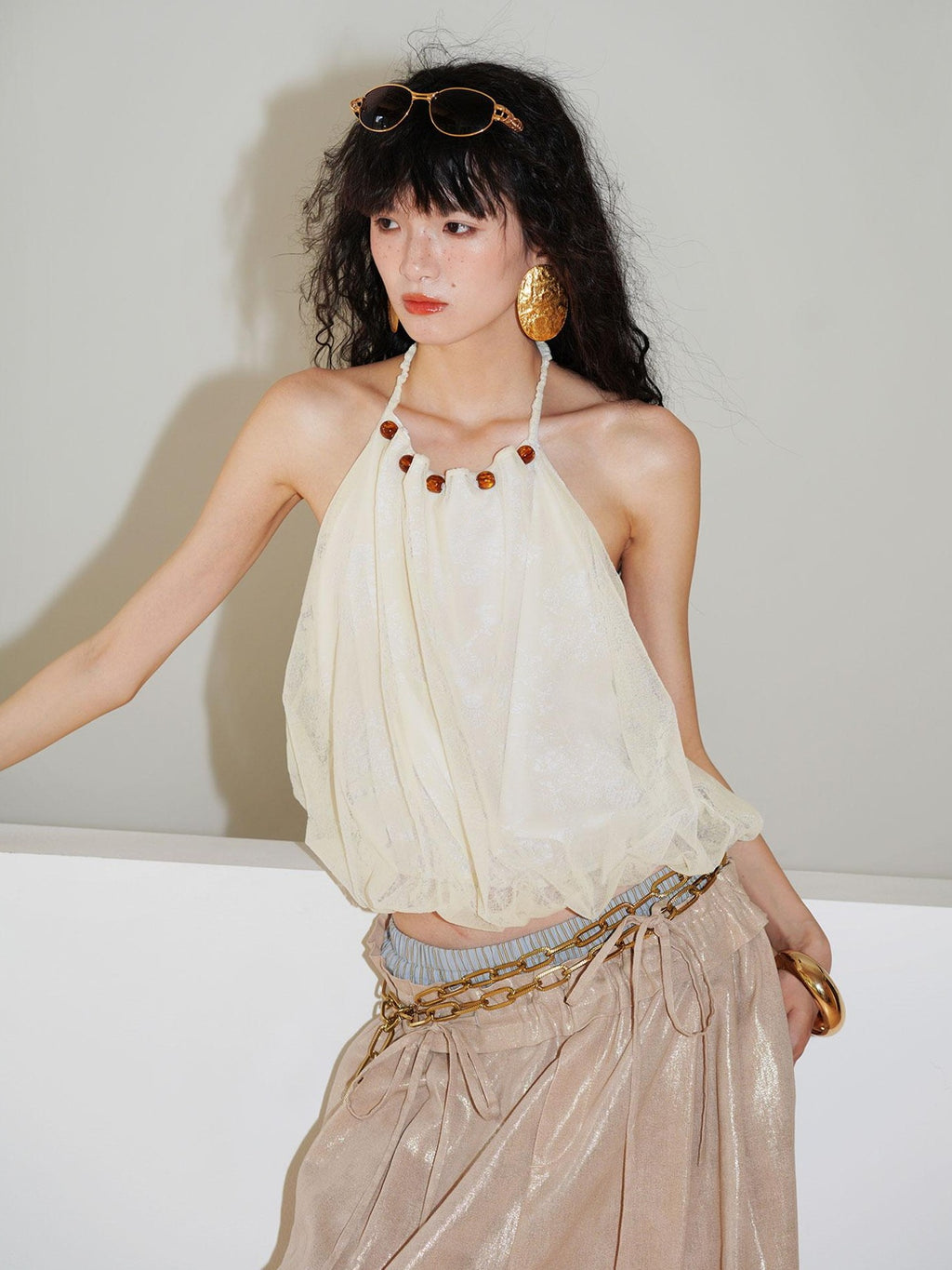 badtaste Western Beaded Colorblock Backless Bud Women's Flocked Lace Halter Tops