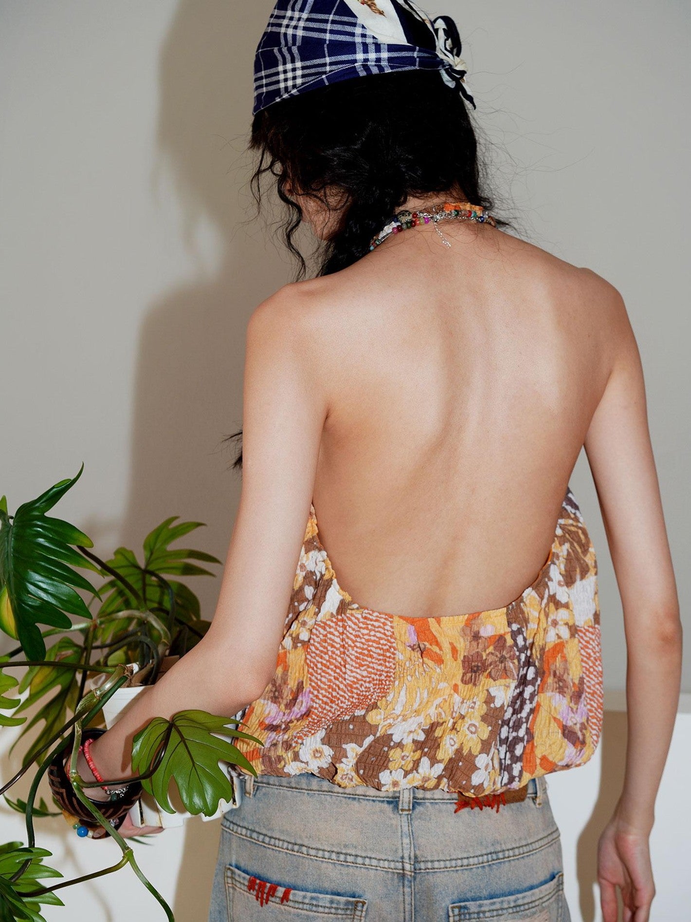 badtaste Western Beaded Colorblock Backless Bud Women's Flocked Lace Halter Tops