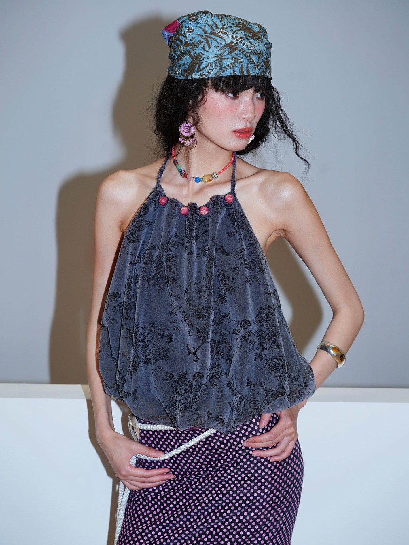 badtaste Western Beaded Colorblock Backless Bud Women's Flocked Lace Halter Tops