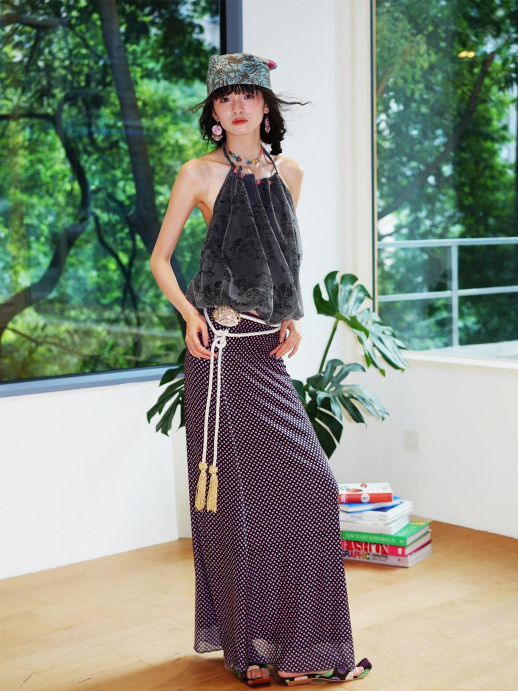 badtaste Western Beaded Colorblock Backless Bud Women's Flocked Lace Halter Tops