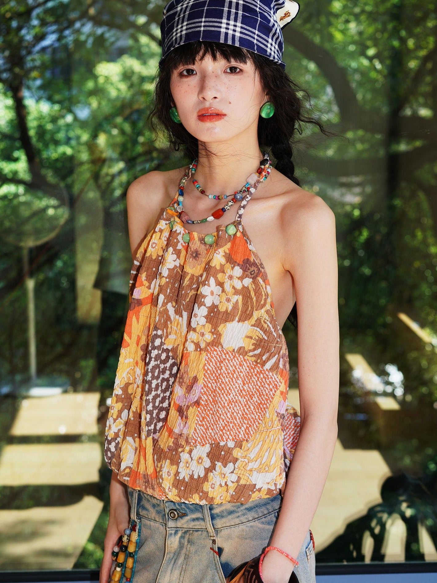 badtaste Western Beaded Colorblock Backless Bud Women's Flocked Lace Halter Tops